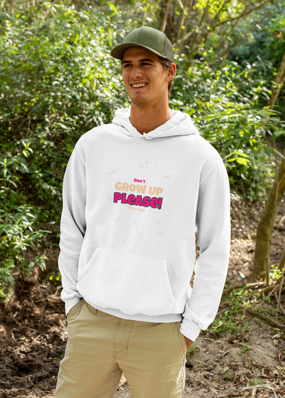 Person wearing a White hoodie with text in a forest setting